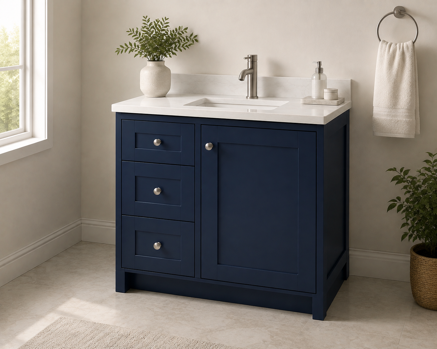 Blue Shaker 36" bathroom vanity with left-side drawers and a cabinet door on the right
