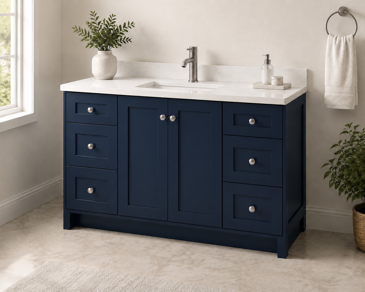 Blue Shaker 48" bathroom vanity with drawers on both sides and cabinet doors in the middle