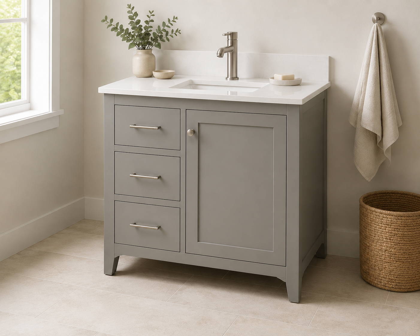 Gray Shaker 36" bathroom vanity with left-side drawers and a cabinet door on the right