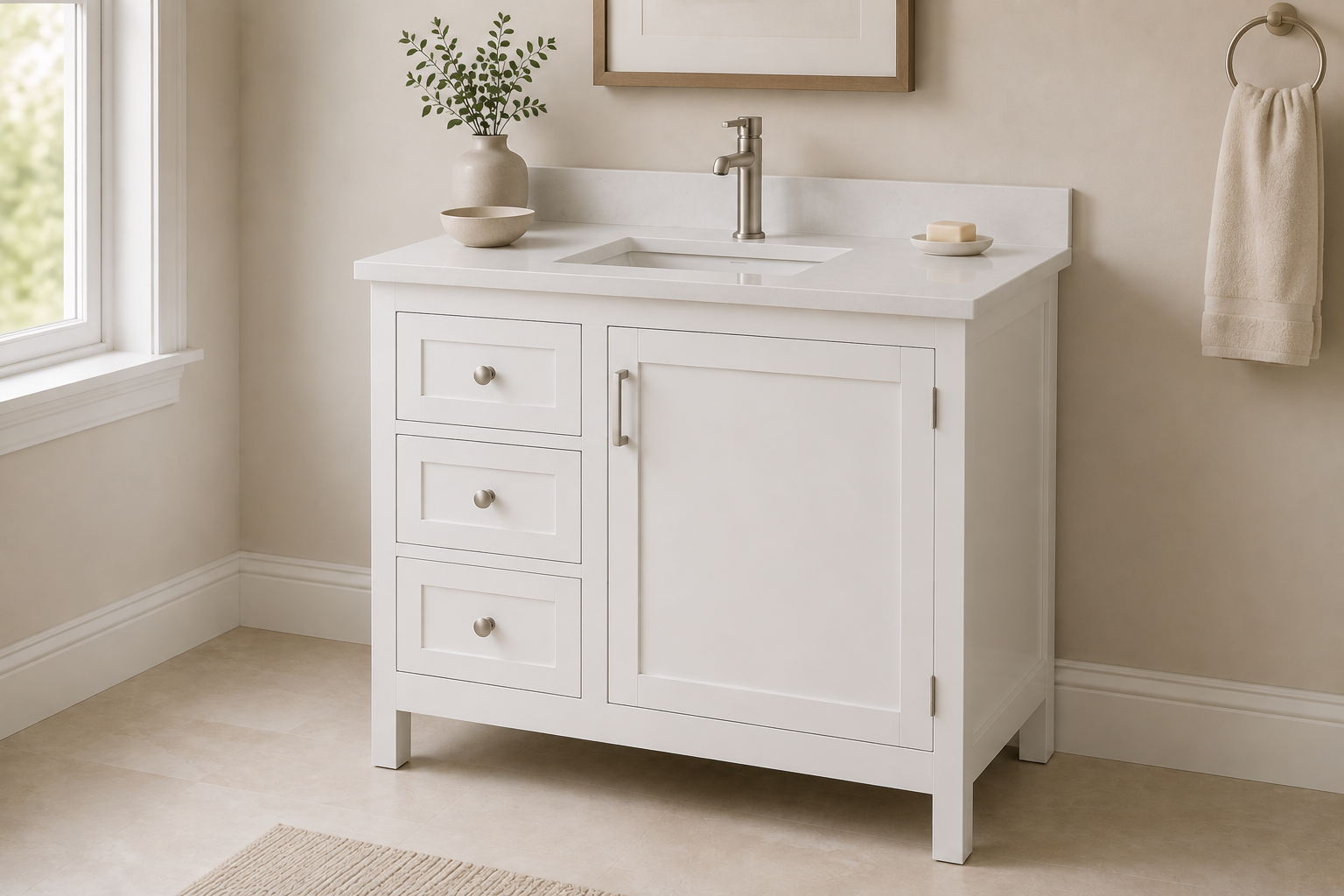 White Shaker 36" bathroom vanity with left-side drawers and a cabinet door on the right