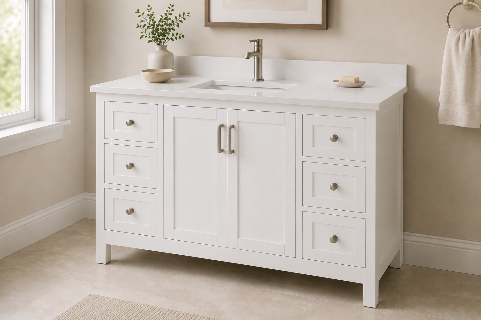 White Shaker 48" bathroom vanity with drawers on both sides and cabinet doors in the middle