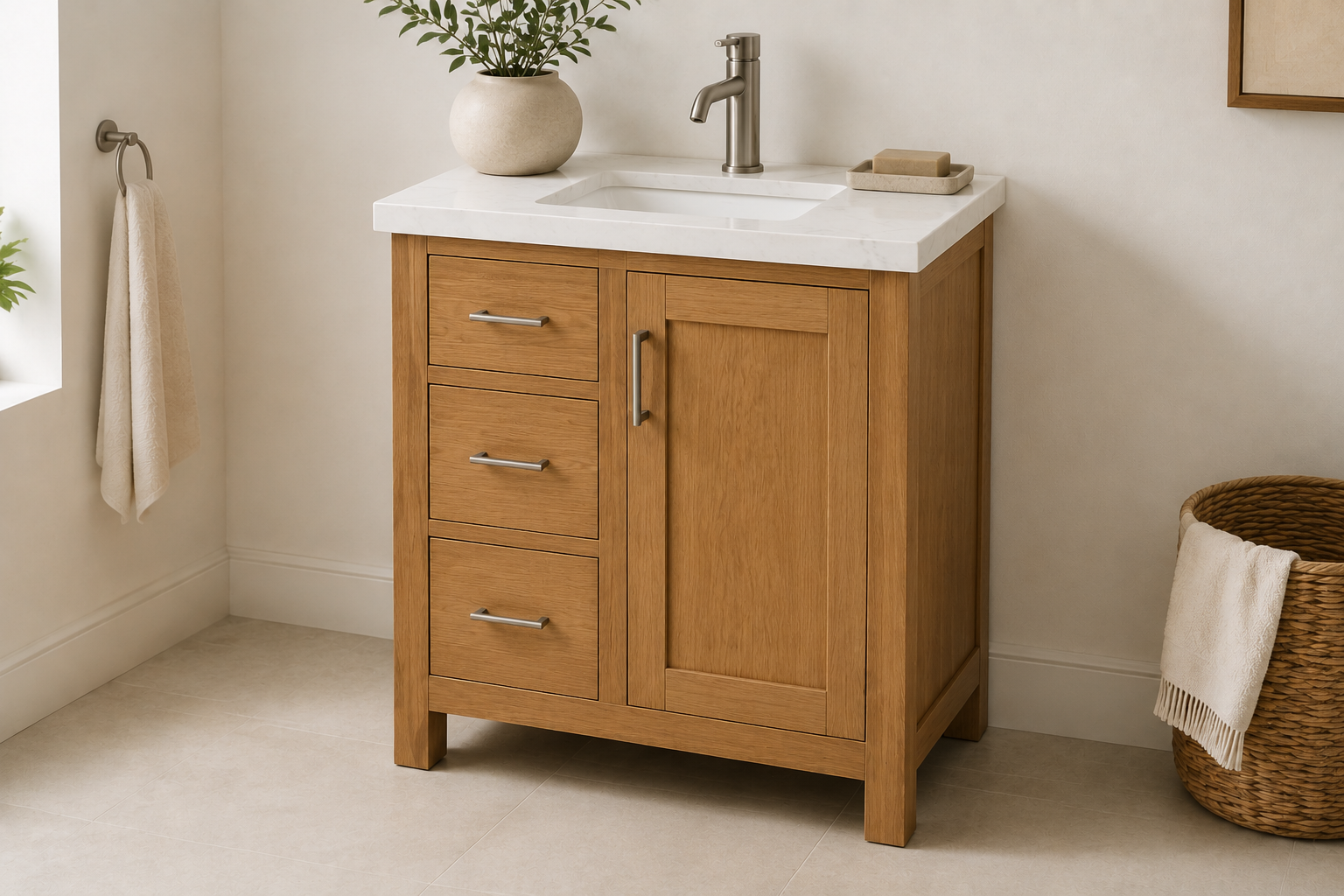 Wood-Look Shaker 30" bathroom vanity with left-side drawers and a cabinet door on the right