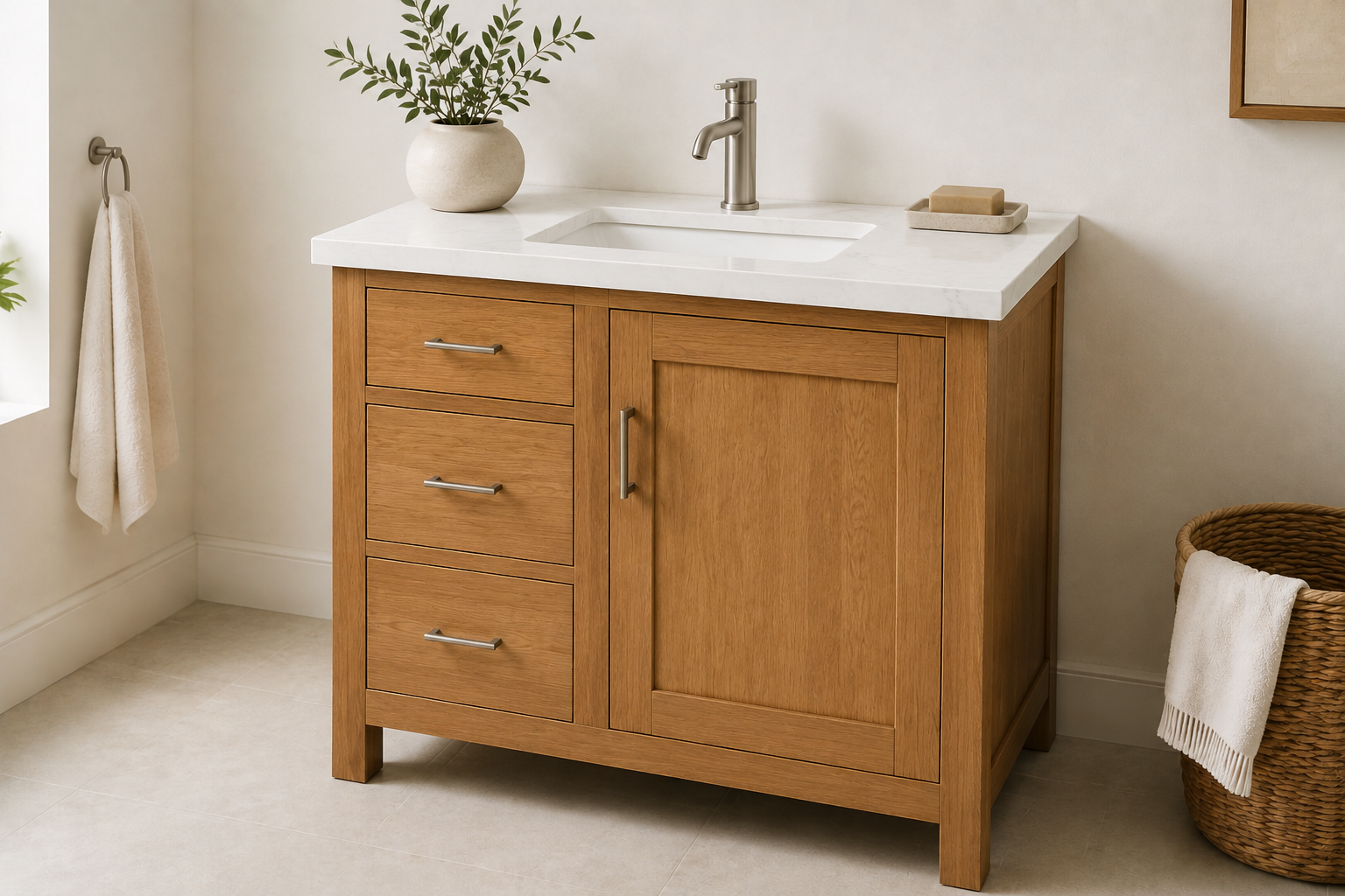 Wood-Look Shaker 36" bathroom vanity with left-side drawers and a cabinet door on the right