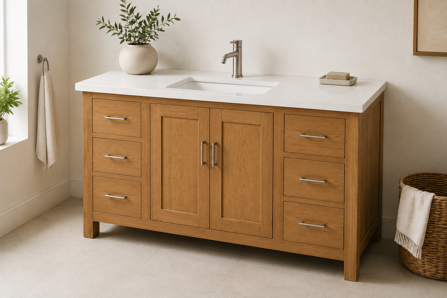 Wood-Look Shaker 48" bathroom vanity with drawers on both sides and cabinet doors in the middle